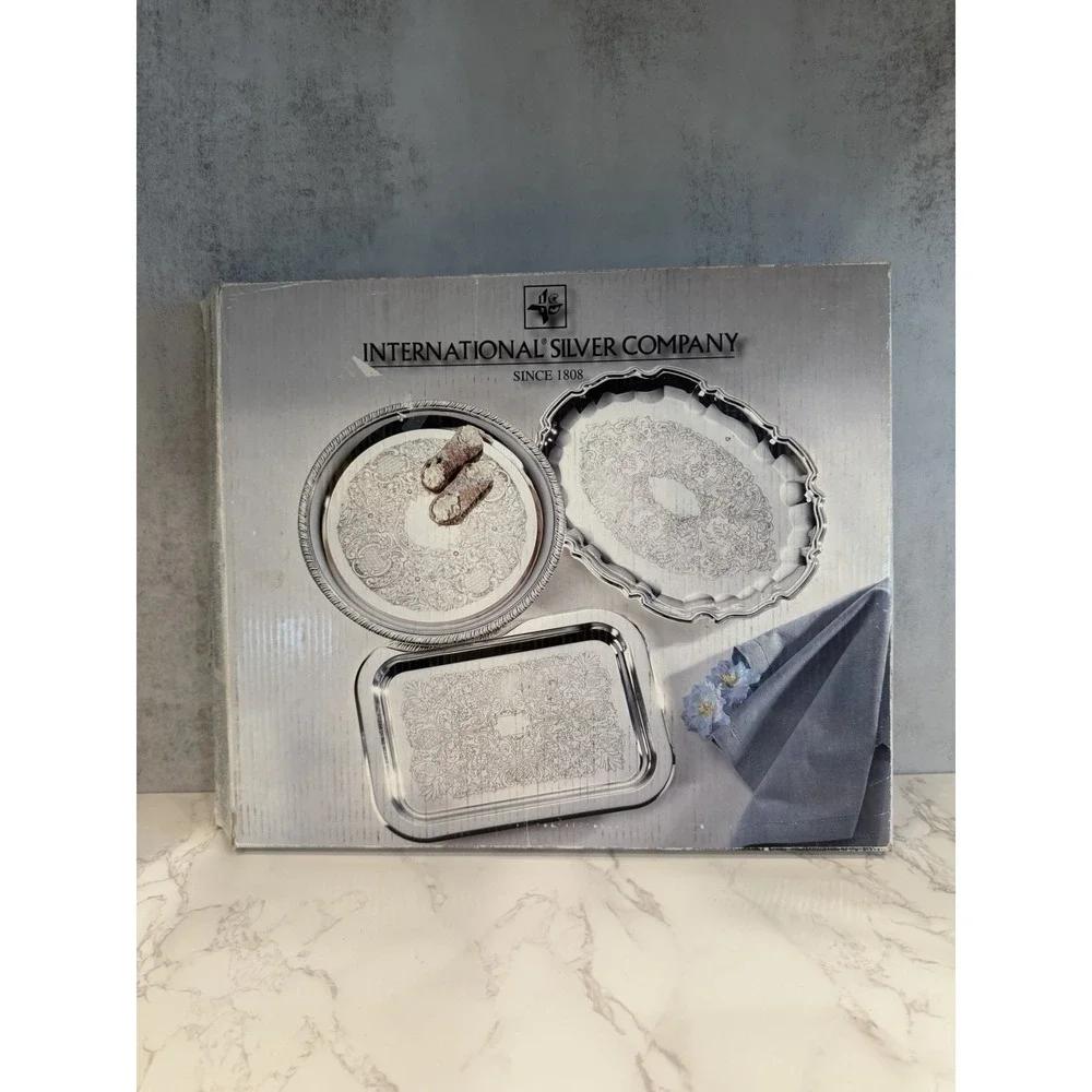 International Silver Company Silverplate 3-Piece Serving Tray Set Original Box